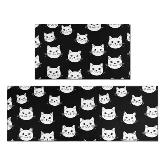 White Cat Head Black Pattern Anti Fatigue Kitchen Rugs Set Of 2, Non Slip Washable Decorative Floor Mats for Kitchen Sink Laundry, 17"x30" and 17"x47"