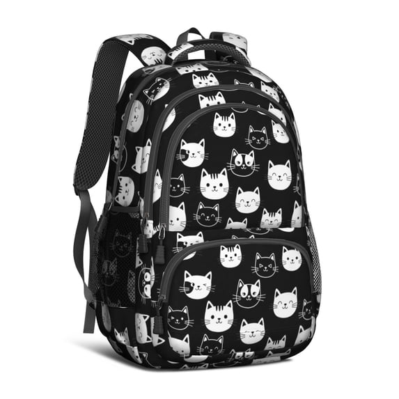 White Cat Head Black Pattern Cute School Backpack Bag with Padded Back and Adjustable Shoulder Straps 16.9 X 12.6 X 5.9 Inches