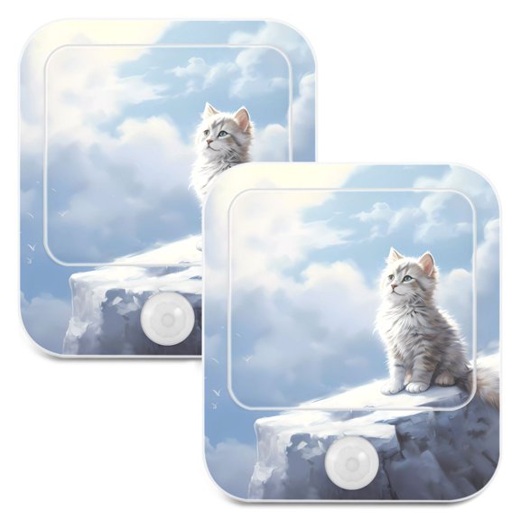 White Cat Iceberg Clouds Night Lights Plug into Wall LED with Auto Light Sensor Warm Light for Kids Hallway Bedroom Living Room Kitchen Bathroom Set of 2