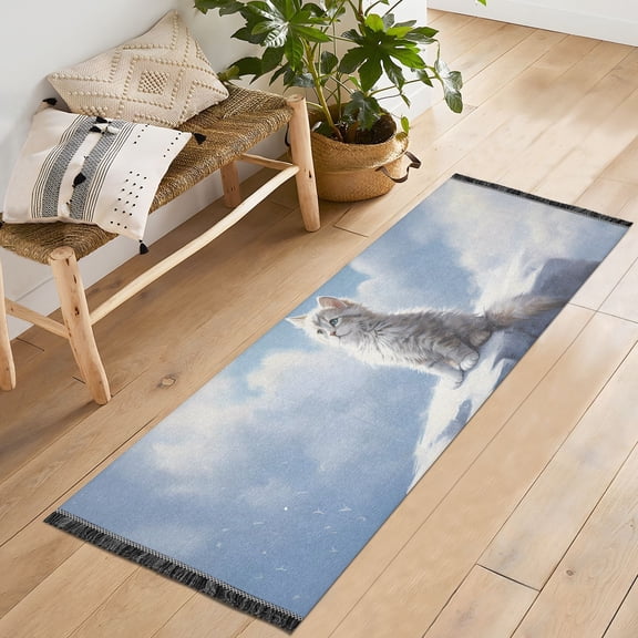 White Cat Iceberg Clouds Runner Rug Machine Washable Area Rugs Carpet Non Slip Entryway Mat for Bedroom Entryway Front Door