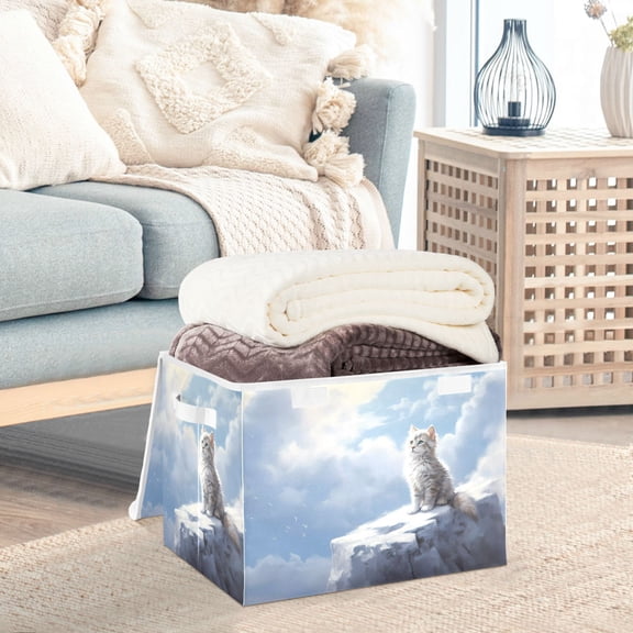 White Cat Iceberg Clouds Storage Basket Foldable Laundry Basket Shelf Kids Toy Storage Container Organizer with Handles