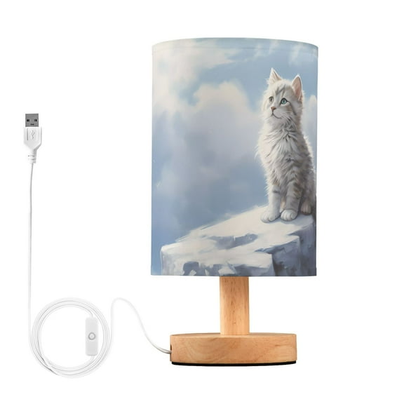 White Cat Iceberg Clouds Table Lamp USB Bedside Desk Nightstand Lamp Printed Gifts Small Lamp Wood Base for Bedroom Living Room Kids Room College Dorm