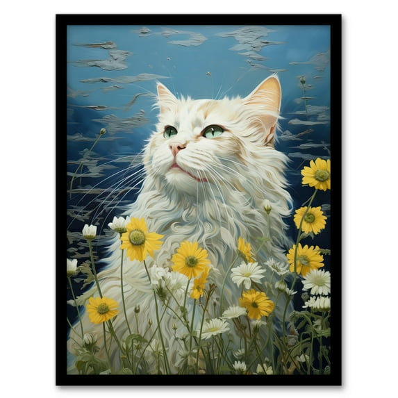 White Cat In The Wildflowers Floral Meadow Oil Painting Norwegian Forest Cat Art Print Framed Poster Wall Decor 12x16 inch