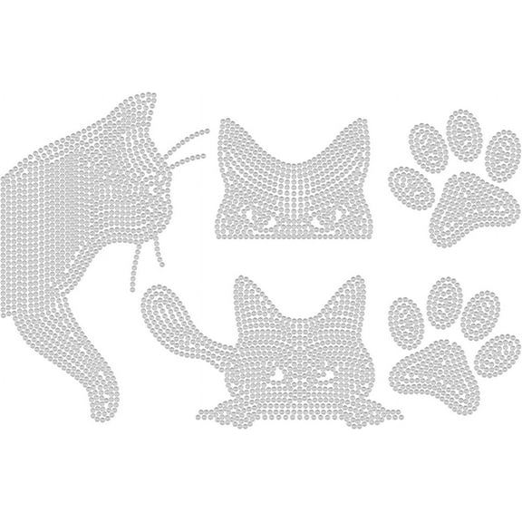 White Cat Iron on Rhinestone Heat Transfer Animal Crystal Paw Prints Decor Clear Bling Patch Clothing Repair
