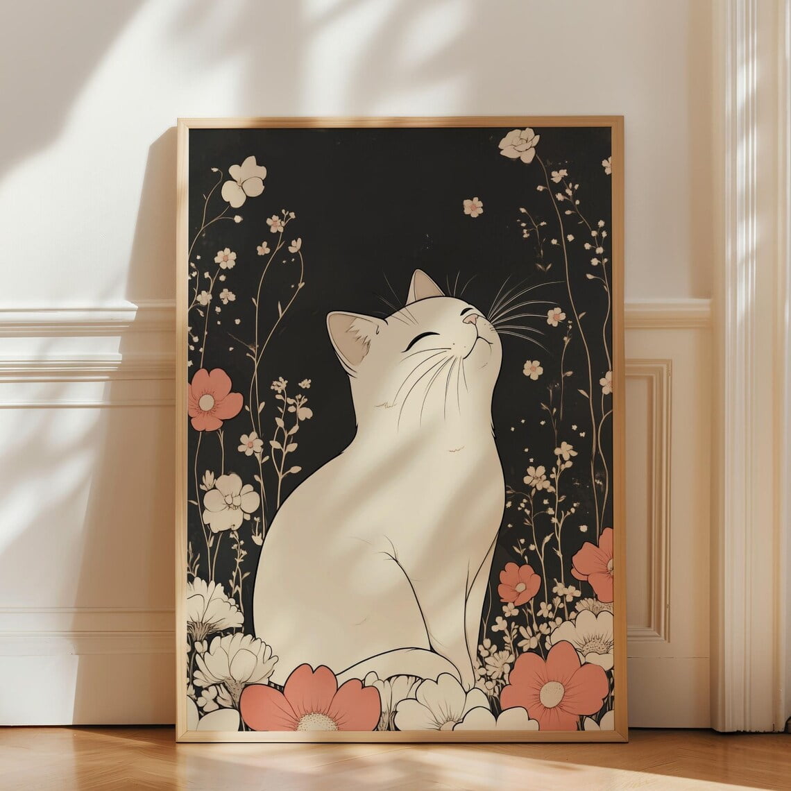 White Cat In Japanese Floral Wall Art • Cute Anime Wall Art • Cat Lover ...