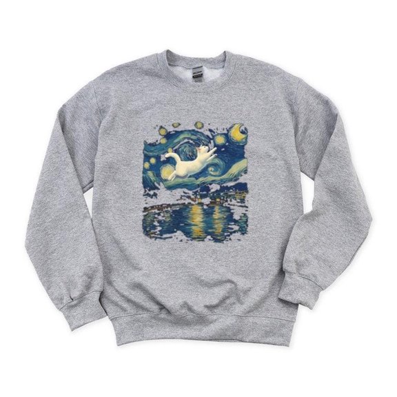 White Cat Jump Starry Night Funny Art Parody Meme Astral Animal Tee Sweatshirt, up to 5XL