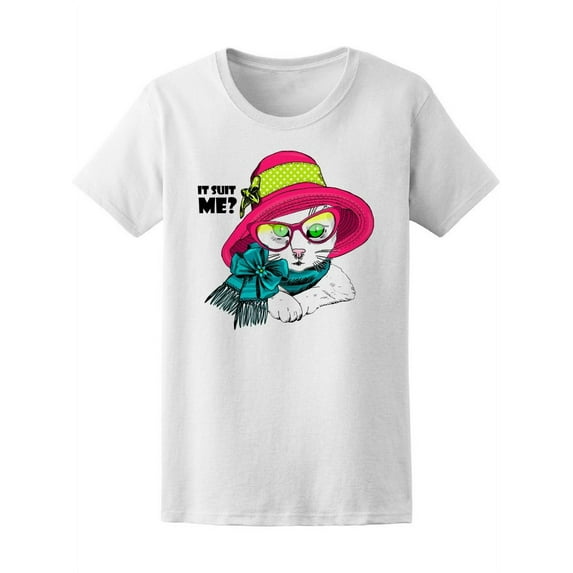 White Cat Kitten Broad-Brim Hat T-Shirt Women -Image by Shutterstock, Female Medium