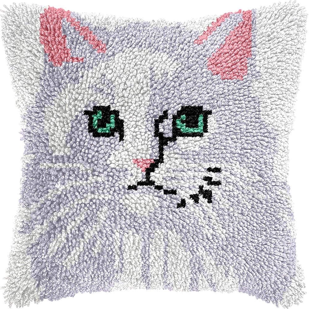White Cat Latch Hook Kits Pillow kits Cushion Throw Pillow Embroidery Craft Kits DIY Kits of DIY Hooking Pillowcase Cover Supplier with Color Printed Canvas 43x43cm (189)