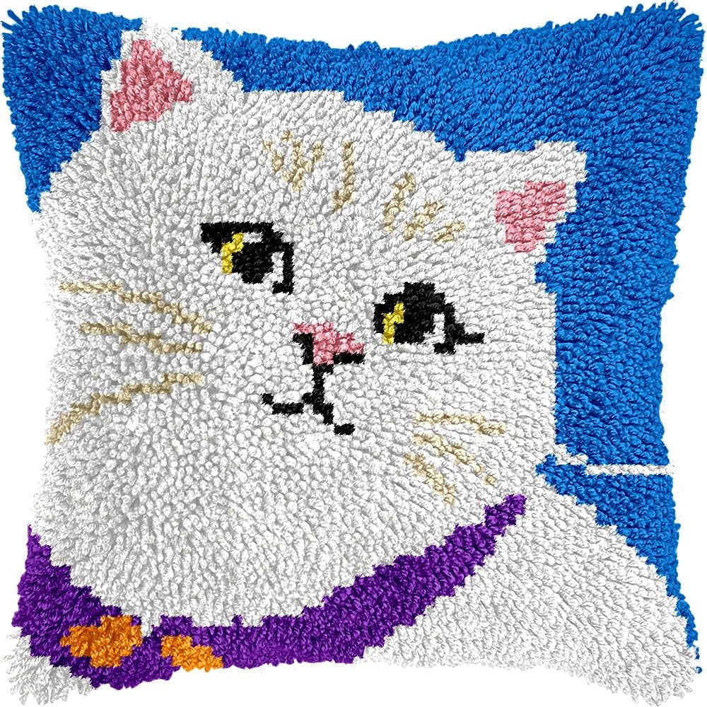 White Cat Latch Hook Pillow Cover Kits for DIY Handmade Throw Pillow Cross Stitch Latch Hooking Pillowcase Kits with Preprinted Color Pattern Canvas Crochet Yarn Kits 17''X 17''(7-98)