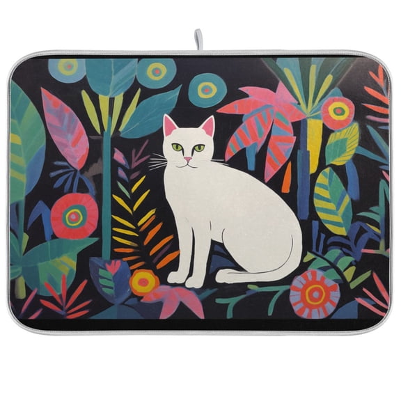White Cat Leaves Dish Drying Mat Dish Drainer Rack Mats Water Absorbent Non-Slip Easy Clean Heat Resistant for Kitchen Counter