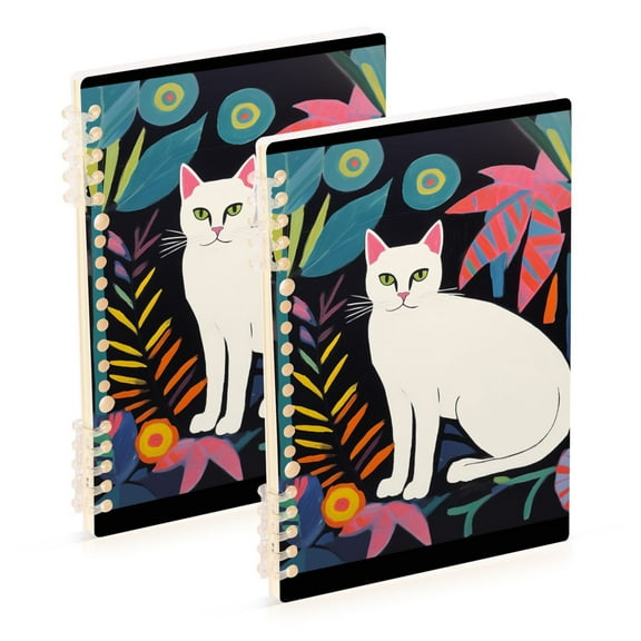 White Cat Leaves Ring Binder Notebook Journey Note Diary College Ruled Spiral Notebook Study Loose Leaf Paper A5 60 Pages