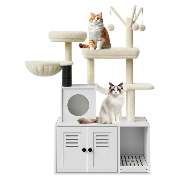White Cat Litter Box Enclosure with Cat Tree Tower | Hidden Washroom Cabinet & Multi-Level Wooden Condo, Sisal Scratching Post & Catnip Toy Play Center
