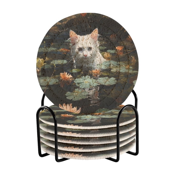 White Cat Lotus Leaves Flowers Pool 6 Pcs Drink Coasters with Holder Absorbent Coasters Woven Coasters for Drinks Table Desk Protection Home Decor