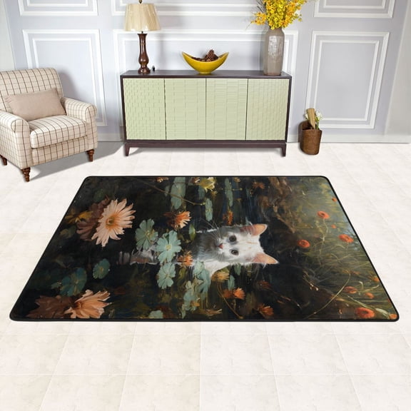 White Cat Lotus Leaves Flowers Pool Area Rug Washable 72 x 48 Floor Carpet Mat Non Slip for Bedroom Living Room Kids Room Home Decor