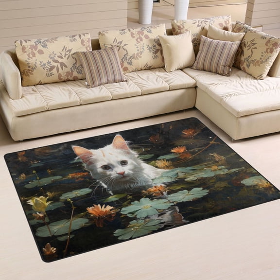 White Cat Lotus Leaves Flowers Pool Area Rug Washable Floor Carpet Mat 60 x 39 inch for Bedroom Living Room Kids Room Home Decor