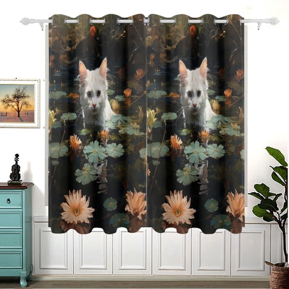 White Cat Lotus Leaves Flowers Pool Blackout Curtain Panels 63x55in Drapes Privacy Assured for Living room Bedroom Bathroom 2 panels set