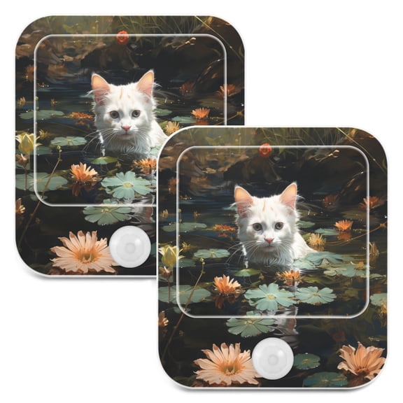 White Cat Lotus Leaves Flowers Pool Night Lights Plug into Wall LED with Auto Light Sensor Warm Light for Kids Hallway Bedroom Living Room Kitchen Bathroom Set of 2