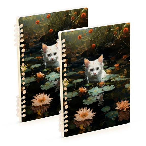 White Cat Lotus Leaves Flowers Pool Ring Binder Notebook Journey Note Diary College Ruled Spiral Notebook Study Loose Leaf Paper A5 60 Pages