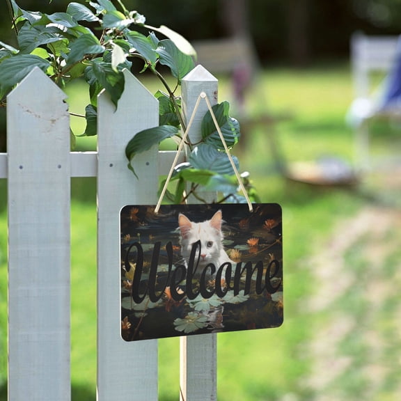 White Cat Lotus Leaves Flowers Pool Welcome Sign for Front Door Porch Wreath Door Sign Home Decoration Rustic Farmhouse Style