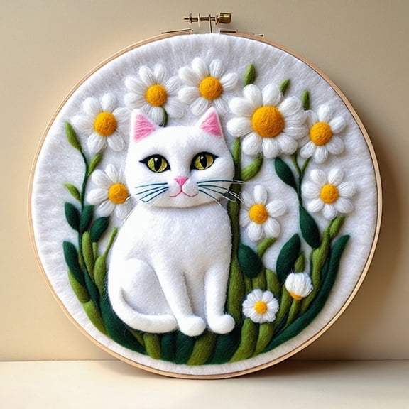 White Cat Needle Felting Set, Beginner Felt Painting Set, With Wool Felt Painting Set, Decorative Frame, Suitable for Home Decoration
