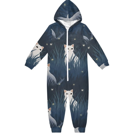 White Cat Night One Piece Pajamas Soft Jumpsuit Cozy Sleep and Play Romper Zipper and Pockets 7-8T