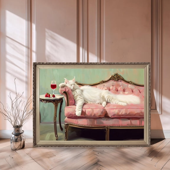 White Cat On Pink Vintage Sofa, Luxury Wall Art Print, Cocktail Bar Decor Home Decor #1035, Stretched Canvas Size 12x18