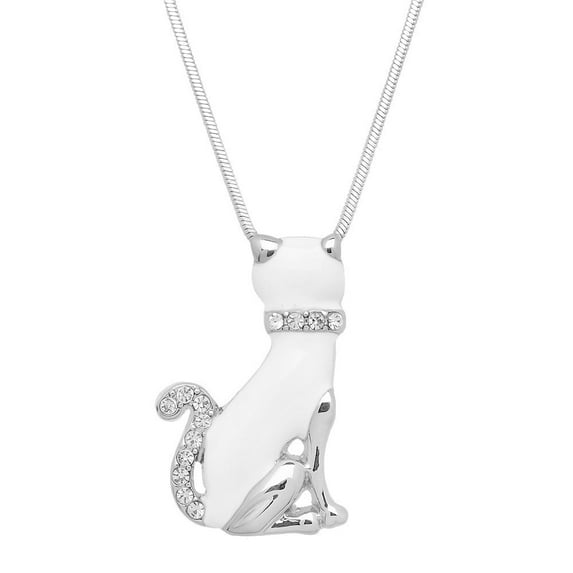 White Cat Pendant Necklace Rhinestone Crystal Rhodium Plated 17 Inch Snake Chain J0609-WT