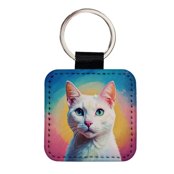 White Cat Pop Art Faux Leather Square Keychain