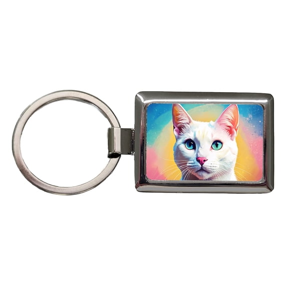 White Cat Pop Art Metal Rectangle Keychain