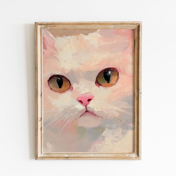 White Cat Portrait Pastel Kitty Paint Feline Wall Art Print