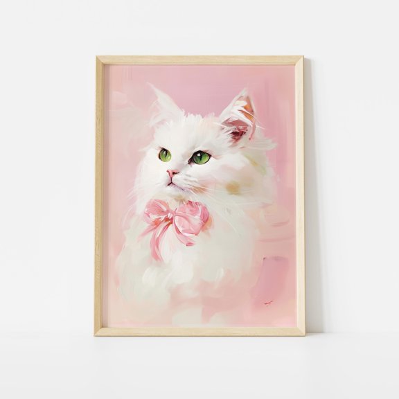 White Cat Portrait Poster, Pastel Pink And Green Art