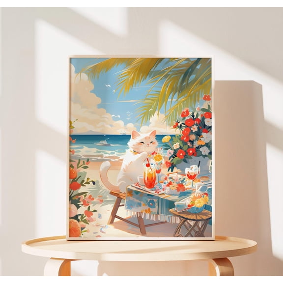 White Cat Poster Tropical Beach Cat Wall Art, Cute Vacation Kitten Print, Lovely Birthday Gift & Beach Decor Wall Art, Modern Wall Decor, 8x12 UNFRAMED