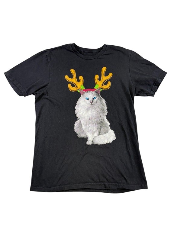 White Cat Reindeer Antlers Christmas Cotton T-Shirt