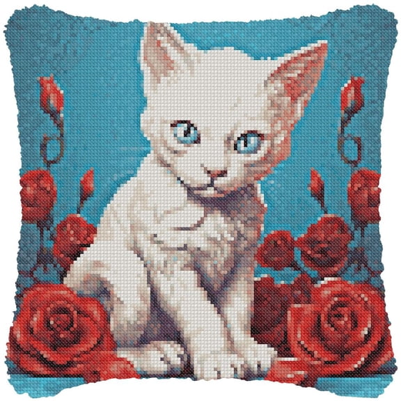White Cat & Rose Cross-Stitch Pillow DIY Kit Fully Openable Zipper Design Pillowcase 11CT Counted Needlepoint Handmade Cushion Pre-Printed Pattern Eco-friendly Cotton and Linen 45x45cm