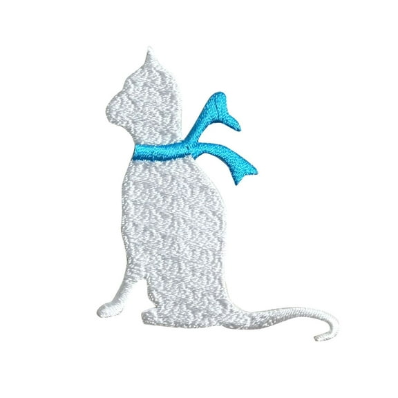White Cat, Silhouette, Blue Ribbon, Kitten, Pets, Embroidered, Iron on Patch