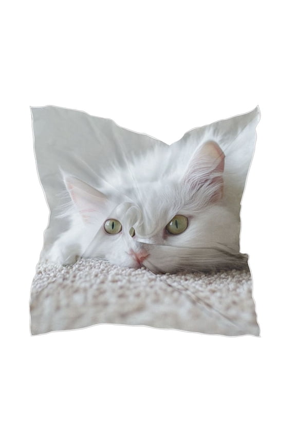 White Cat Square Silk Scarf, 23.6223.62in Polyester Simulated Silk Satin Scarf Tops for Women Head Wraps Shirt Bandana Curly Hair Tie Headband Headscarf