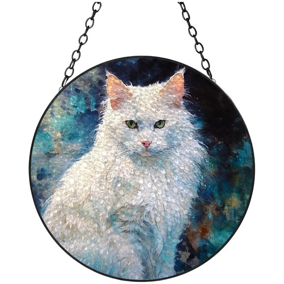 White Cat Stained Glass Suncatcher Colored Handmade Window Hangings Glass Suncatcher Crafts Kits for Indoor Garden Christmas Decoration 16x16cm(1)