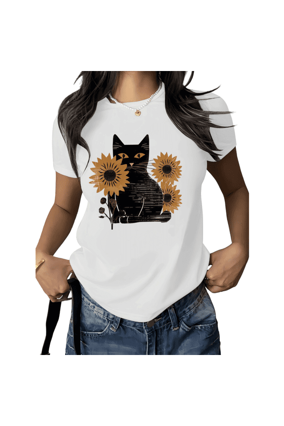 White Cat Sunflower Floral Print Tshirt Graphic Tees Shirts Farmhouse Style S-5XL Tops