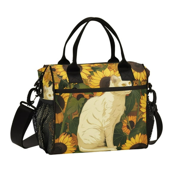 White Cat Sunflowers Cooler Bag Lunch Bag Soft Cooler Cooling Tote Insulated Lunch Box for Adult Men Women