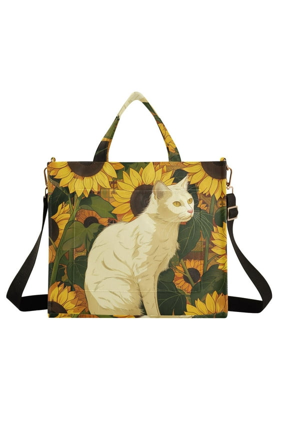 White Cat Sunflowers Corduroy Tote Bag Handbag Large Messenger Bag Shoulder Crossbody Zipper Bag Purse