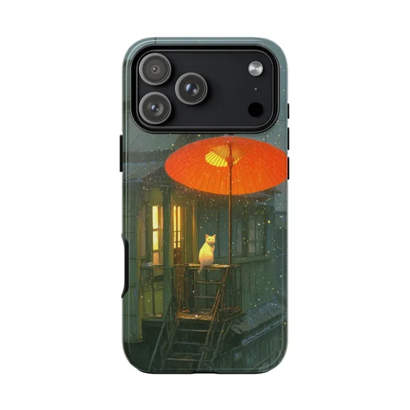 White Cat Umbrella Rain Illustration Case for iPhone 17 11 12 13 14 15 16 Pro Max