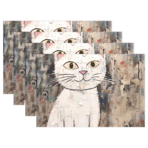White Cat in Wall 12×18 inch Placemats Heat Resistant Washable Foldable Rectangular Placemats Set Decoration Indoor Outdoor for Kitchen Dining Table 4PCs