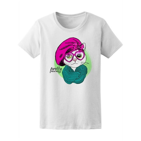 White Cat With Pink Beret T-Shirt Women -Image by Shutterstock, Female Medium