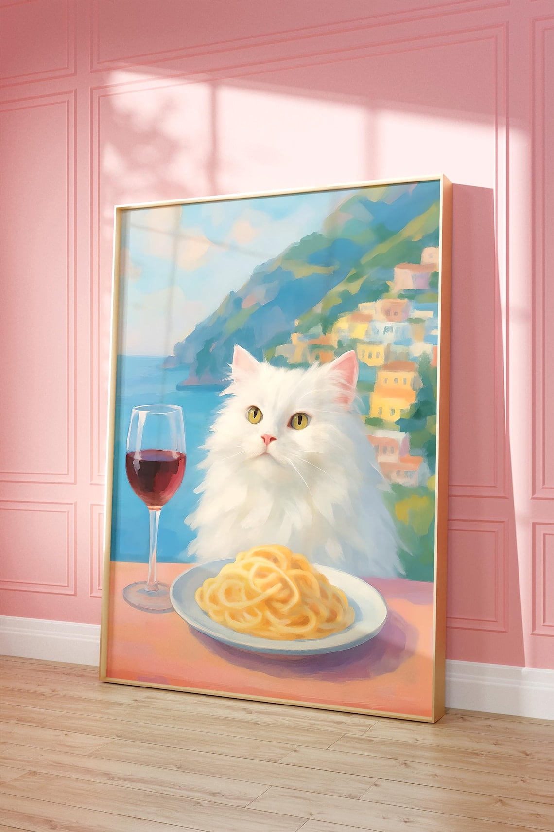 White Cat With Wine Print, Amalfi Coast Animal Wall Art, Pastel Kitchen ...