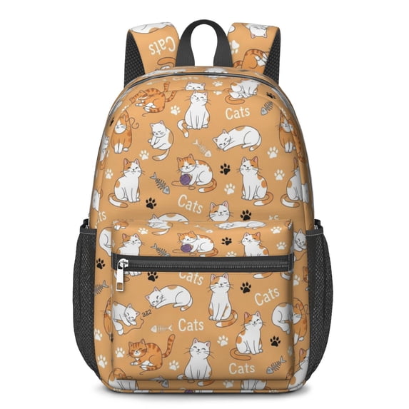 White Cat and Fishbone Beige Pattern 17" Waterproof Oxford School Backpacks for Teens, S-Shape Padded Straps, for School, Travel, Hiking, Camping