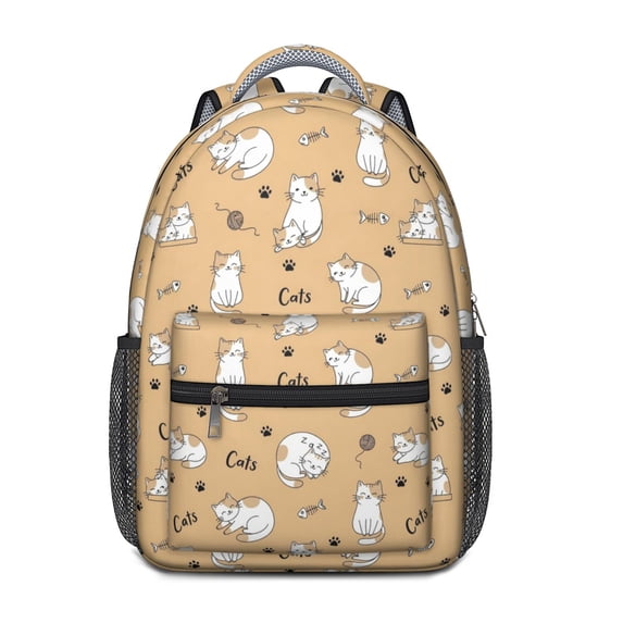 White Cat and Fishbone Beige Pattern Backpack for School, Cute School Bag with Adjustable Shoulder Straps and Padded Back, 15.3"x11"x6.7"