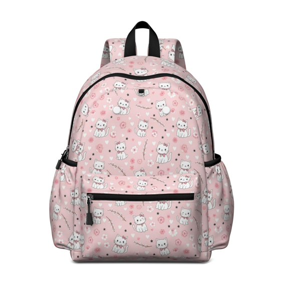 White Cat and Flower Pink Pattern Cute School Backpack with Padded Back and Adjustable Shoulder Straps 13.4"x11"x4.7"