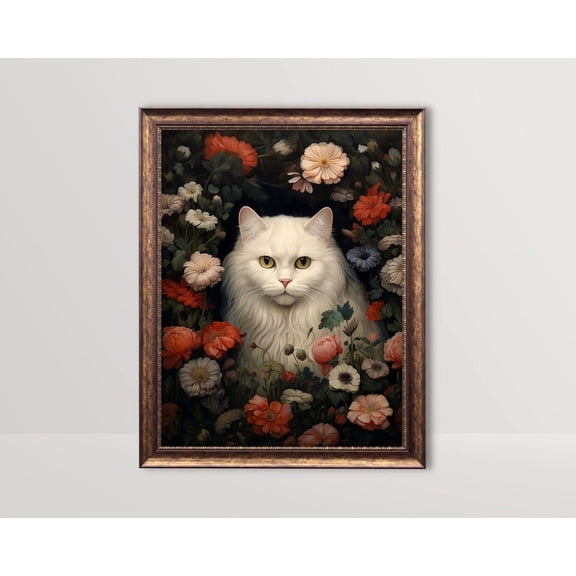 White Cat and Flowers, Whimsigoth Decor, Dark Cottagecore Art, Gothic Floral poster, Goth Wall Art, Botanical Vintage Unframed Paper Print