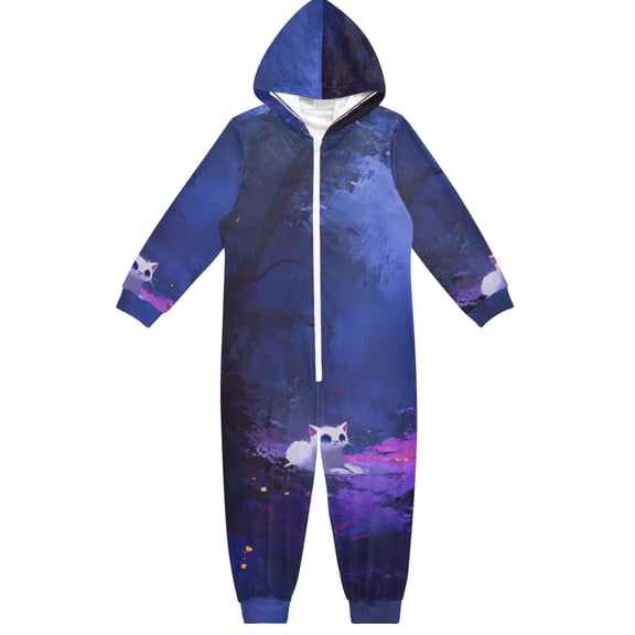 White Cat and Forest One Piece Pajamas Soft Jumpsuit Cozy Sleep and Play Romper Zipper and Pockets 4T