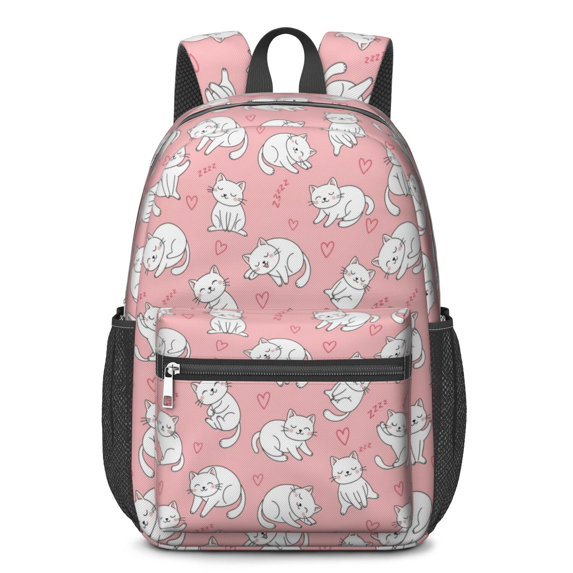 White Cat and Heart Pink Pattern 17" Waterproof Oxford School Backpacks for Teens, S-Shape Padded Straps, for School, Travel, Hiking, Camping